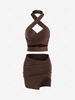 Crossover Cutout Halter Ruched Skirt Set L Deep coffee