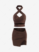 Crossover Cutout Halter Ruched Skirt Set L Deep coffee