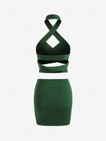 Crossover Cutout Halter Ruched Skirt Set L Deep green