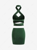 Crossover Cutout Halter Ruched Skirt Set M Deep green