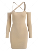 Crossover Cutout Slinky Jersey Long Sleeve Dress M Light coffee