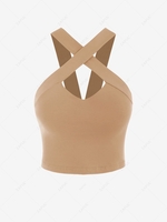 Crossover Front Cutout Sleeveless Crop Top L Light coffee
