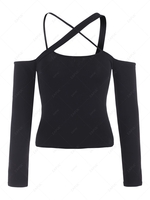 Crossover Neck Cold Shoulder Fitted Jersey Top S Black