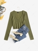 Crossover V Neck Textured Knit Sweater L Green