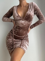 Crushed Velvet Ruched Piping Slinky Dress S Deep coffee