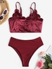 Crushed Velvet Scalloped High Waisted High Leg Bikini Swimwear Red