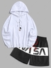 Cute Astronaut Printed Hoodie and Letter Print Colorblock Shorts Set White