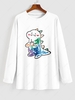 Cute Cartoon Dinosaur Print Long Sleeve T-shirt S White