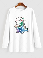 Cute Cartoon Dinosaur Print Long Sleeve T-shirt S White