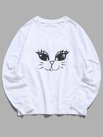 Cute Cat Graphic Lounge Crew Neck Sweatshirt Xs White
