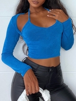 Cutout Back Halter Shrug-style Jersey Top M Blue