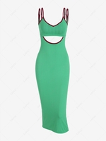 Cutout Backless Slit Ribbed Midi Dress M Green