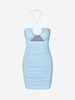 Cutout Halter Backless Ruched Bodycon Mini Dress M Light blue