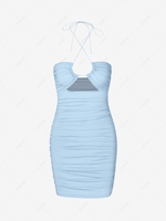 Cutout Halter Backless Ruched Bodycon Mini Dress M Light blue