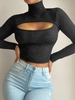 Cutout High Neck Semi Sheer Knit Tee S Black