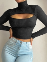 Cutout High Neck Semi Sheer Knit Tee S Black