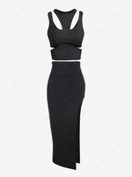 Cutout Layered Top and High Slit Skirt Set Black