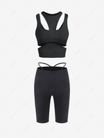 Cutout Layered Top and String Cutout Biker Shorts Set Black
