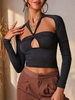 Cutout Long Sleeve Cropped Slim Tee S Black