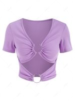 Cutout Plunge O Ring Ribbed Tee S Light purple