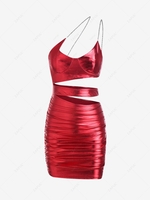 Cutout Rhinestone Skew Neck Ruched Bodycon Metallic Mini Dress M Red