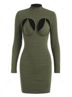 Cutout Ribbed Mini Bodycon Dress and Bra Set M Deep green