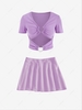 Cutout Ribbed Tee and Pleated Mini Skirt Set Light purple