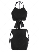 Cutout Tie Halter Two Piece Skirt Set S Black