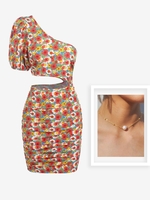 Daisy Floral Puff Sleeve Cutout Ruched Dress With Faux Pearl Collarbone Necklace Red