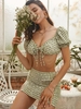 Daisy Gingham Ruffle Puff Sleeve Slit Skirt Set L Light green