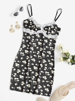 Daisy Print Lace Trim Slinky Bodycon Dress L Black