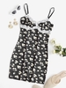 Daisy Print Lace Trim Slinky Bodycon Dress M Black