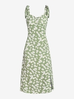 Daisy Print Slit Tie Shoulder Ruched Dress M Light green
