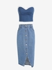 Denim Contrast Ruffle Corset Top and Button Fly Slit Denim Skirt Set Deep blue