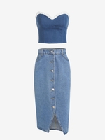 Denim Contrast Ruffle Corset Top and Button Fly Slit Denim Skirt Set Deep blue