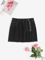 Denim Front Slit Zippered Micro Mini Skirt L Black