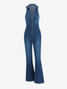 Denim Half Zip Flare Jumpsuit L Blue