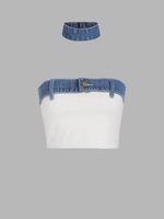 Denim Insert Belted Tube Top with Choker M White