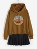 Desert Cactus Pattern Drop Shoulder Thermal Lined Hoodie L Coffee