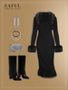 Detachable Faux Fur Trim Shrug Cardigan with Feather Hem Corset Style Bandeau Dress Black