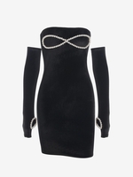 Detached Sleeve Velvet Faux Pearls Slinky Dress L Black