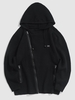 Diagonal Zipper Mock Pocket Openwork Hooded Cardigan Sweater M Black