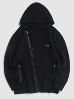 Diagonal Zipper Mock Pocket Openwork Hooded Cardigan Sweater Xl Black