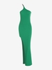 Diamante Chain One Shoulder Ribbed Thigh Split Dress S Deep green