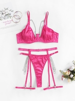 Diamante Strap Underwire Garter Leg Ring Lingerie Set L Red