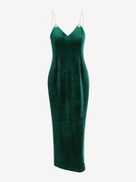 Diamante Strap Velvet Back Slit Midi Dress M Green