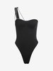 Diamante Strappy One Shoulder High Leg Bodysuit L Black