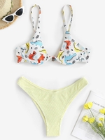 Dinosaurs Monowire Ribbed Crinkle Textured Brazilian Bikini Swimwear White