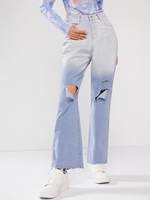 Dip Dye Ripped Frayed Wide Leg Jeans L Light blue