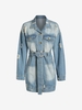 Distressed Belted Denim Dress Coat L Light blue